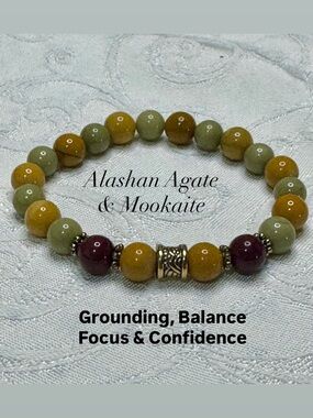 Alashan Agate & Mookaite Gemstone Bracelet - Mustard, Olive & Burgundy